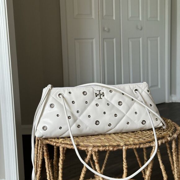 Tory Burch Kira Diamond Quilt Grommet East West Shoulder Bag NEW White Leather - Picture 2 of 8